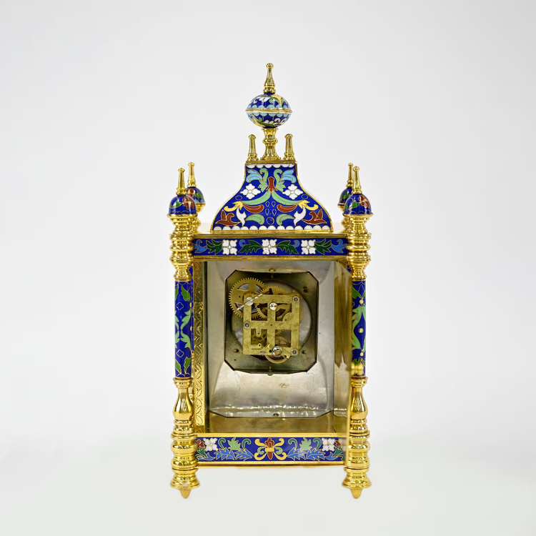 Cloisonné Carriage Clock with Painted Porcelain Panels | Elegant Handcrafted Decor | Ornate Enamel & Gold Gilded Timepiece
