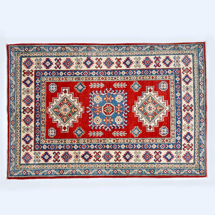 Hand-Knotted Red Kazak Wool Tribal Oriental Rug | 100% All-Wool Authentic Area Rug | Vintage-Style Geometric Pattern | 5'1 x 3'4