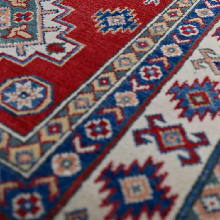 Hand-Knotted Red Kazak Wool Tribal Oriental Rug | 100% All-Wool Authentic Area Rug | Vintage-Style Geometric Pattern | 5'1 x 3'4