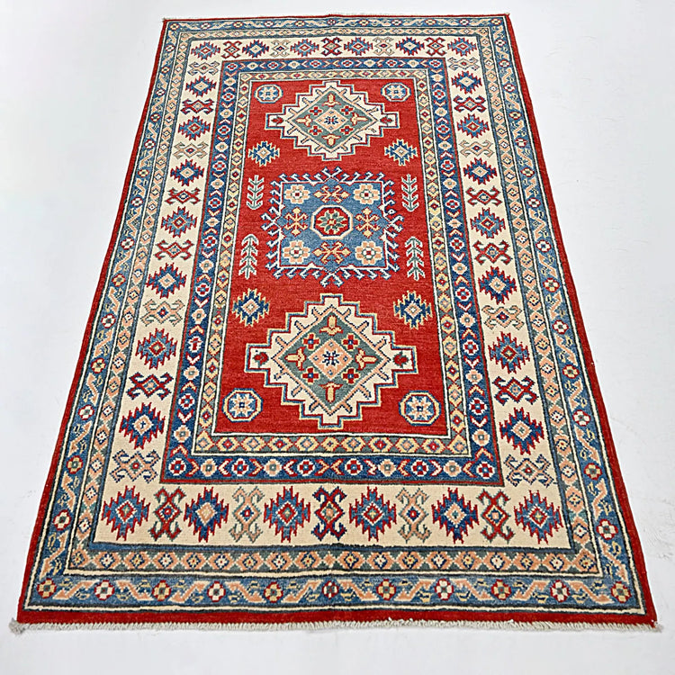 Hand-Knotted Red Kazak Wool Tribal Oriental Rug | 100% All-Wool Authentic Area Rug | Vintage-Style Geometric Pattern | 5'1 x 3'4