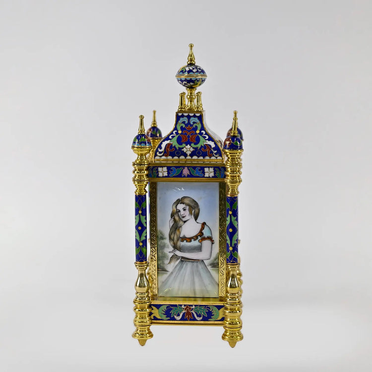 Cloisonné Carriage Clock with Painted Porcelain Panels | Elegant Handcrafted Decor | Ornate Enamel & Gold Gilded Timepiece