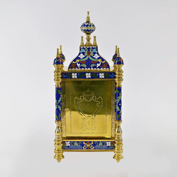 Cloisonné Carriage Clock with Painted Porcelain Panels | Elegant Handcrafted Decor | Ornate Enamel & Gold Gilded Timepiece