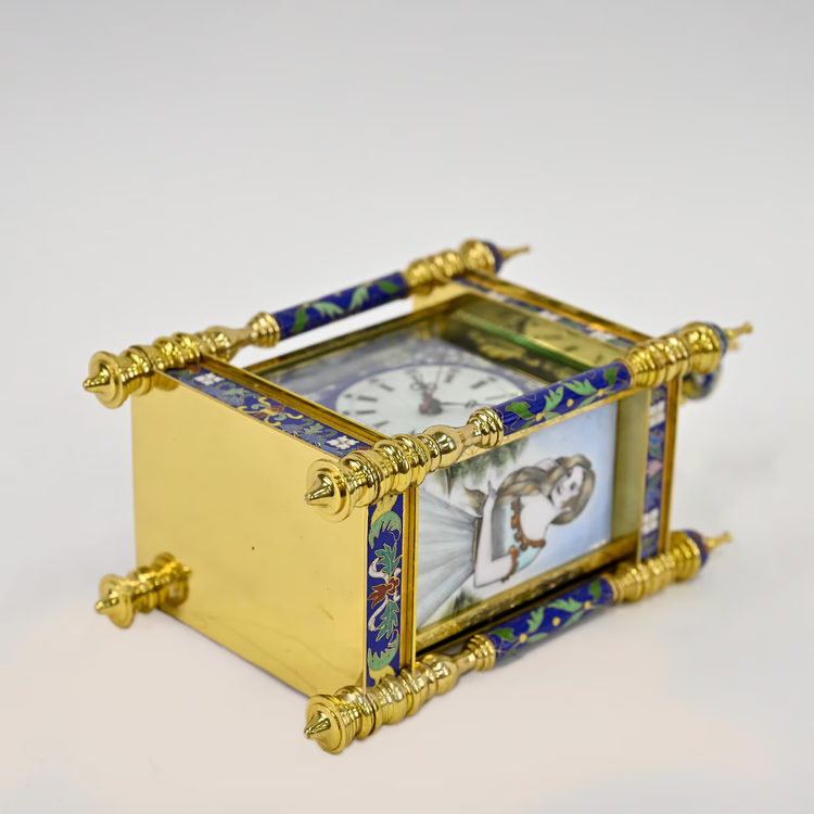 Cloisonné Carriage Clock with Painted Porcelain Panels | Elegant Handcrafted Decor | Ornate Enamel & Gold Gilded Timepiece