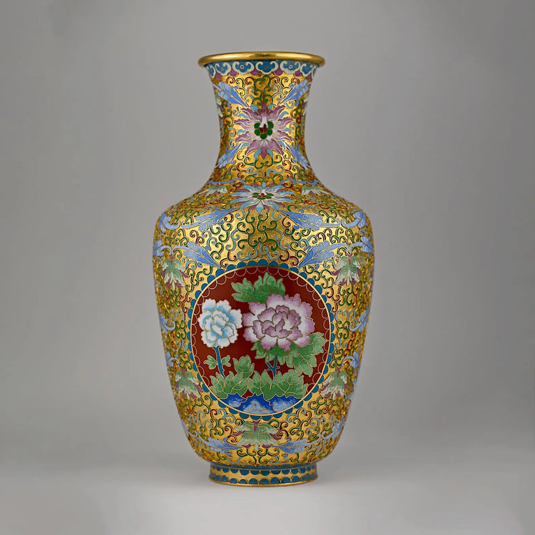 Handmade Cloisonné Vase | 15” Red & Gold Chinese Floral Enamel Art | One-of-a-Kind Collectible Decor | Artisan Champlevé Vase