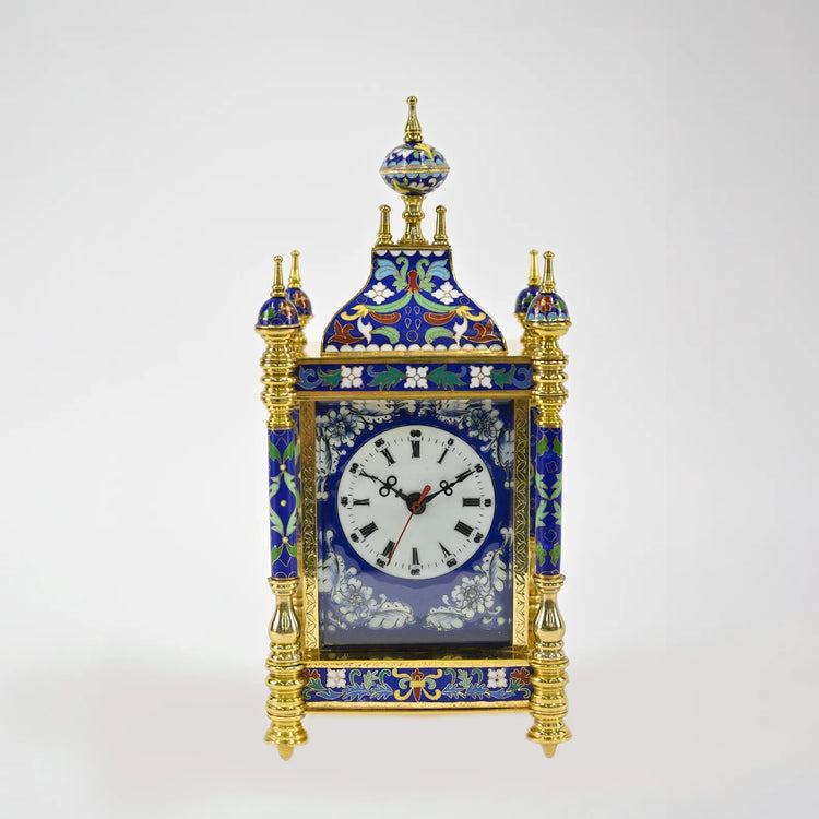 Cloisonné Carriage Clock with Painted Porcelain Panels | Elegant Handcrafted Decor | Ornate Enamel & Gold Gilded Timepiece