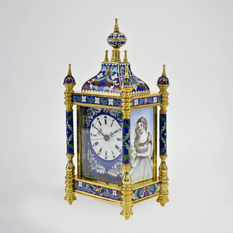 Cloisonné Carriage Clock with Painted Porcelain Panels | Elegant Handcrafted Decor | Ornate Enamel & Gold Gilded Timepiece