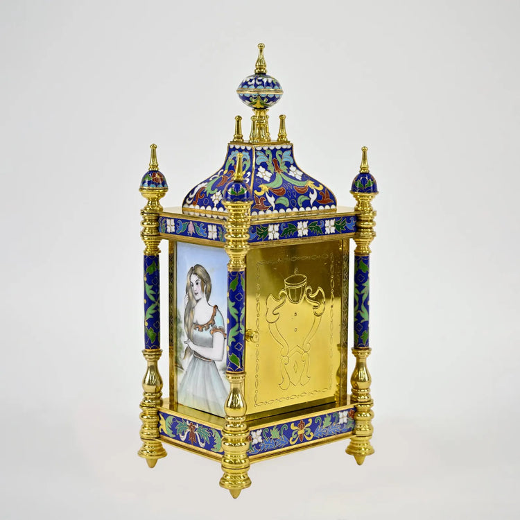Cloisonné Carriage Clock with Painted Porcelain Panels | Elegant Handcrafted Decor | Ornate Enamel & Gold Gilded Timepiece