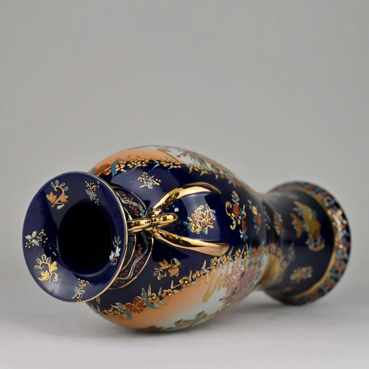 Hand-Painted French Porcelain Vase | Gilded Dual Handles | Luxury 14” Tall Decorative Art Vase | Floral and Bird Motif | Statement Decor