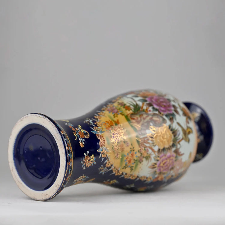 Hand-Painted French Porcelain Vase | Gilded Dual Handles | Luxury 14” Tall Decorative Art Vase | Floral and Bird Motif | Statement Decor