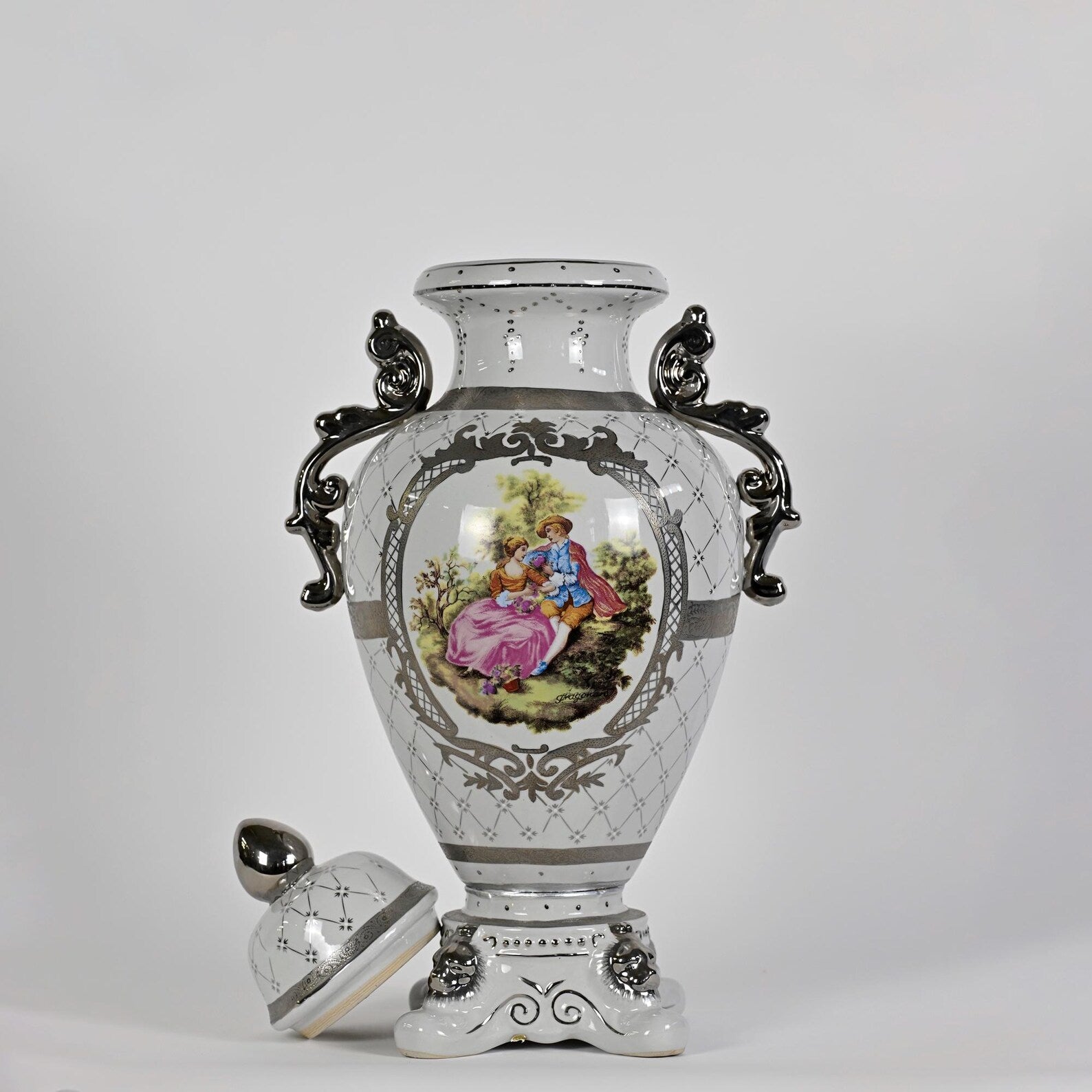 Large Decorative Porcelain Urn Vase | 36” Lidded Rococo-Style Jar | Fragonard-Inspired Courtship Scene | Statement Luxury Home Decor
