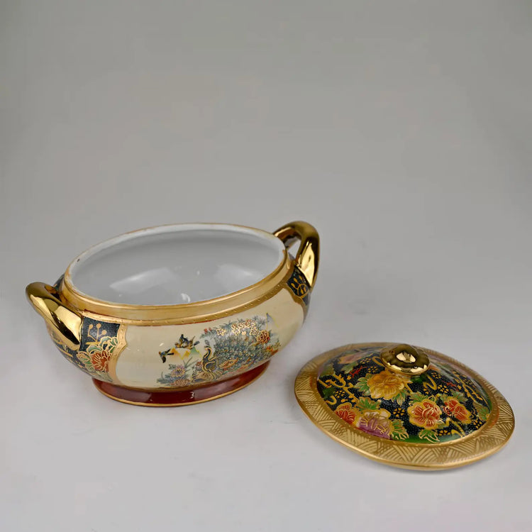 Japanese Satsuma Painted Porcelain Tureen | Gilded Peacock & Floral Motif | Collectible Decorative Lidded Bowl | Luxury Home Decor
