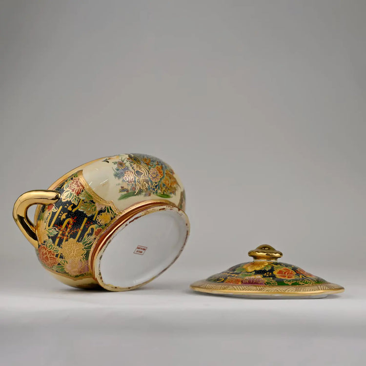 Japanese Satsuma Painted Porcelain Tureen | Gilded Peacock & Floral Motif | Collectible Decorative Lidded Bowl | Luxury Home Decor