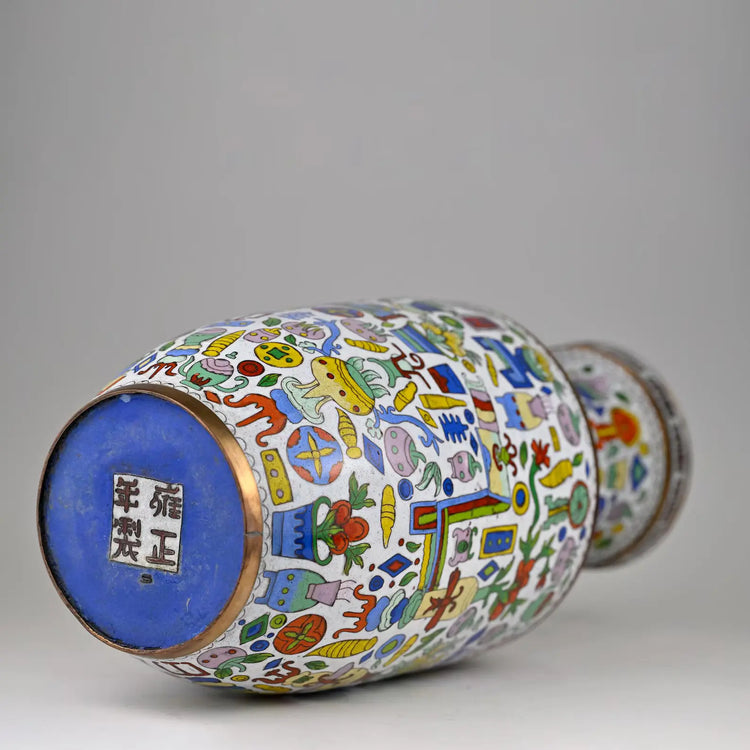Chinese Cloisonné Rouleau Vase | RARE White Enamel Ground with Polychrome Hundred Antiques Motif, Yongzheng Mark | Vintage Qing Revival