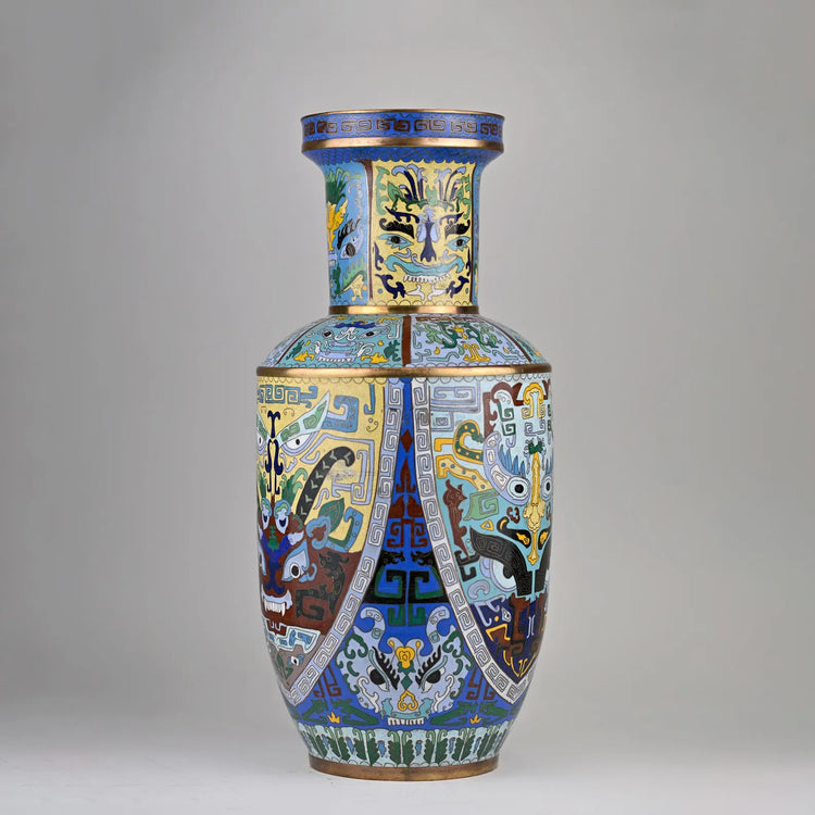 Chinese Cloisonné Rouleau Vase | Taotie Mask Motif in Polychrome Enamel | Qianlong Mark | Vintage Qing Dynasty Revival
