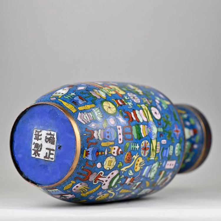 Chinese Cloisonné Rouleau Vase | Polychrome Enamel with Hundred Antiques Motif, Yongzheng Mark, Vintage Qing Revival