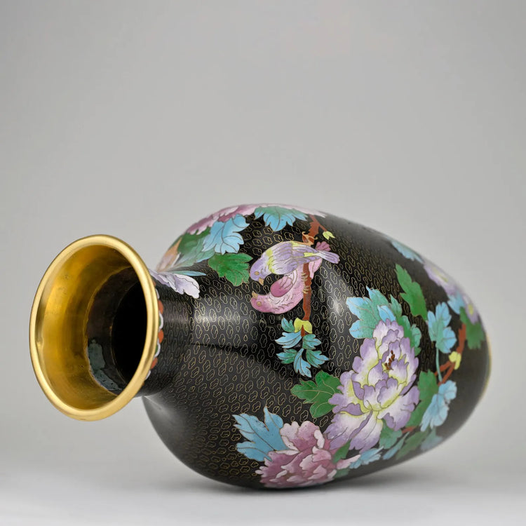 Vintage Chinese Cloisonné Vase | Handcrafted Floral Enamel Art | Black Ground Collectible | 8x8x15”