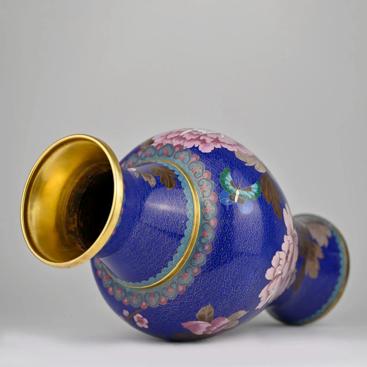 Vintage Chinese Cloisonné Vase | Handcrafted 8”x15” Floral Enamel Art | Rare Royal Blue Collector’s Piece