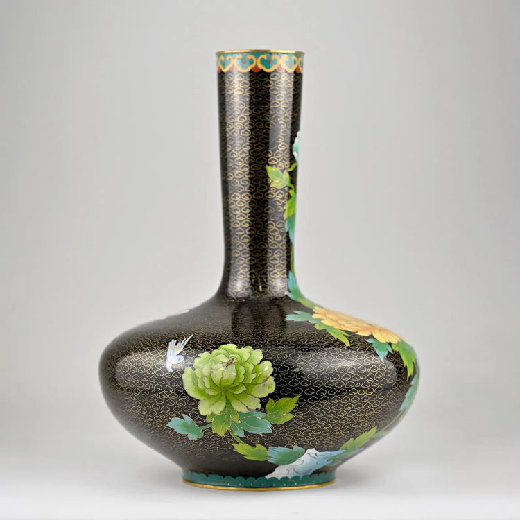Cloisonné Bottle Vase, Floral, Black Enamel, Brass, Vintage, Chinese