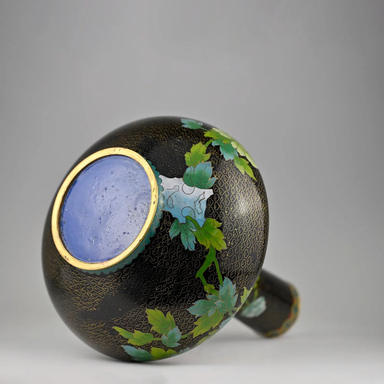 Cloisonné Bottle Vase, Floral, Black Enamel, Brass, Vintage, Chinese