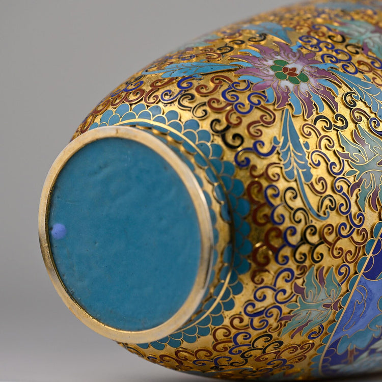 Cloisonné Vase | Handcrafted Blue & Turquoise Enamel Vase | Gold Gilded Floral Motif | 15” Statement Home Accent Vase | One-of-a-Kind Decor