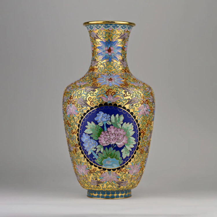 Cloisonné Vase | Handcrafted 15” Chinese Enamel Gold Gilded Floral Vase | One-of-a-Kind Collector Decor | Blue & Pastel Champlevé