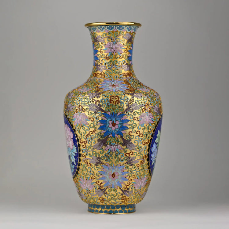 Cloisonné Vase | Handcrafted 15” Chinese Enamel Gold Gilded Floral Vase | One-of-a-Kind Collector Decor | Blue & Pastel Champlevé