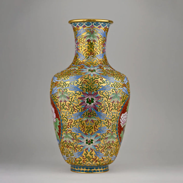 Handmade Cloisonné Vase | 15” Red & Gold Chinese Floral Enamel Art | One-of-a-Kind Collectible Decor | Artisan Champlevé Vase