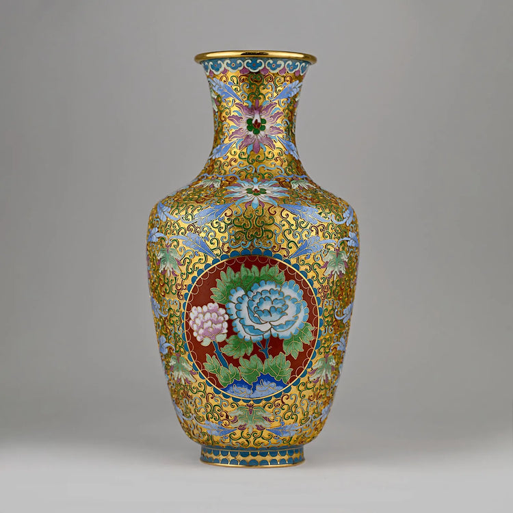 Handmade Cloisonné Vase | 15” Red & Gold Chinese Floral Enamel Art | One-of-a-Kind Collectible Decor | Artisan Champlevé Vase