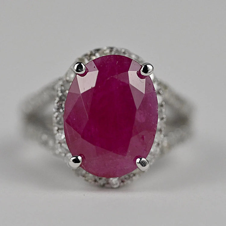 Elegant Oval Ruby and Diamond Halo Ring | 7.59 CT Ruby, 0.90 CT Diamond, 14K Gold | Collector’s Investment | Certificate Included