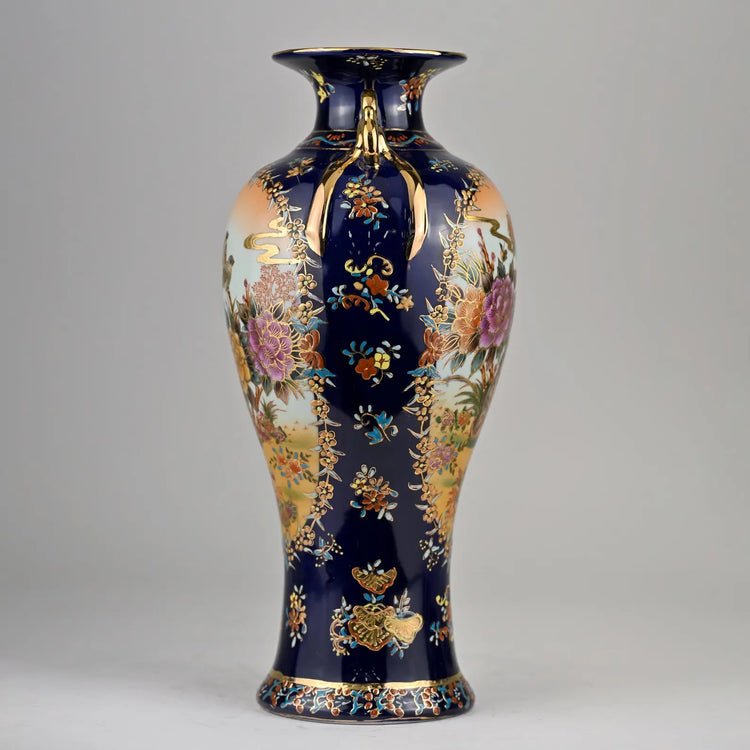Hand-Painted French Porcelain Vase | Gilded Dual Handles | Luxury 14” Tall Decorative Art Vase | Floral and Bird Motif | Statement Decor