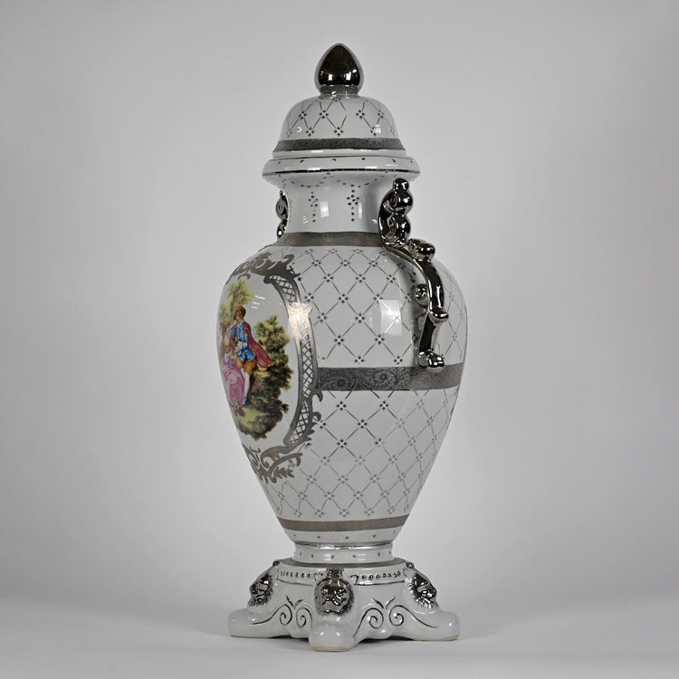 Large Decorative Porcelain Urn Vase | 36” Lidded Rococo-Style Jar | Fragonard-Inspired Courtship Scene | Statement Luxury Home Decor