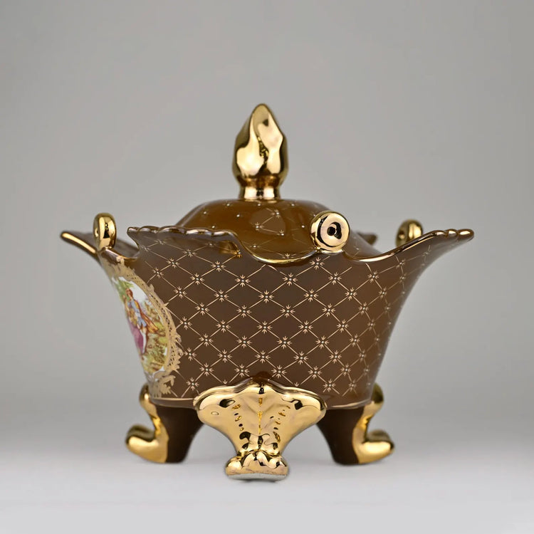 Luxury Hand-Painted Porcelain Tureen | Gilded Accents | Rococo Medallion | Ornate Collectible Bowl | European Style Elegant Decor