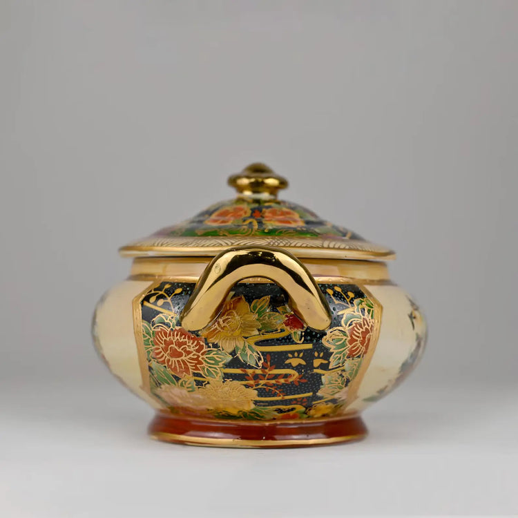 Japanese Satsuma Painted Porcelain Tureen | Gilded Peacock & Floral Motif | Collectible Decorative Lidded Bowl | Luxury Home Decor