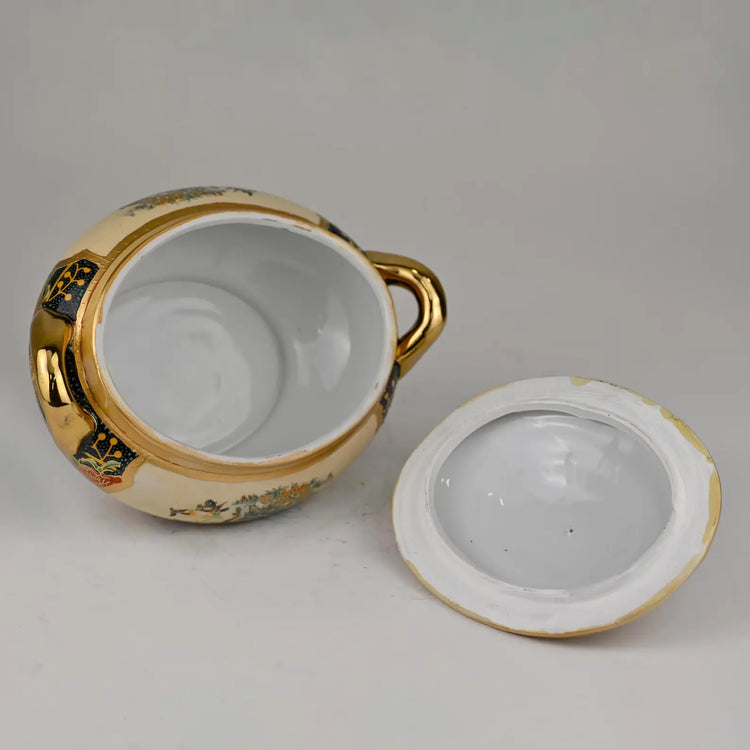 Japanese Satsuma Painted Porcelain Tureen | Gilded Peacock & Floral Motif | Collectible Decorative Lidded Bowl | Luxury Home Decor