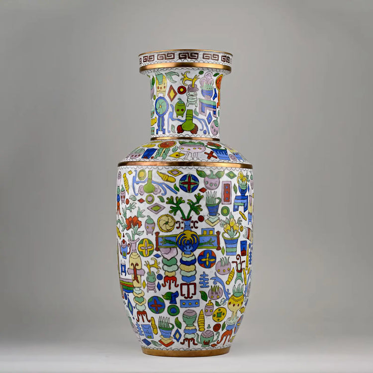 Chinese Cloisonné Rouleau Vase | RARE White Enamel Ground with Polychrome Hundred Antiques Motif, Yongzheng Mark | Vintage Qing Revival