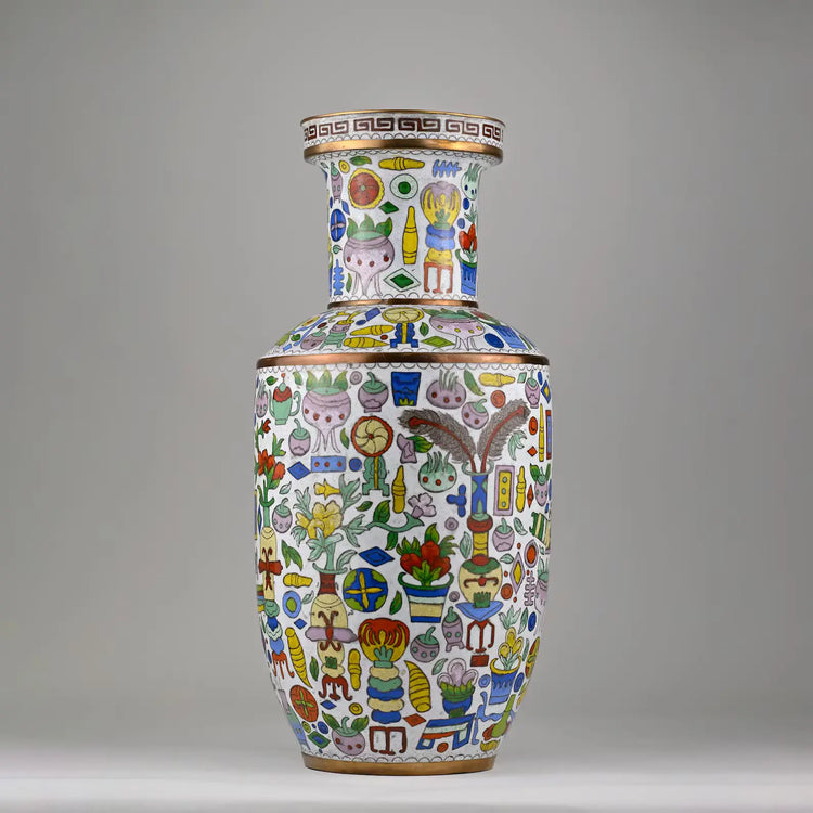 Chinese Cloisonné Rouleau Vase | RARE White Enamel Ground with Polychrome Hundred Antiques Motif, Yongzheng Mark | Vintage Qing Revival