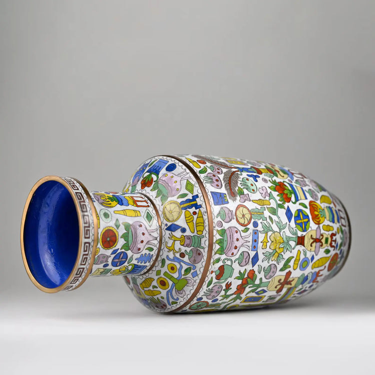 Chinese Cloisonné Rouleau Vase | RARE White Enamel Ground with Polychrome Hundred Antiques Motif, Yongzheng Mark | Vintage Qing Revival