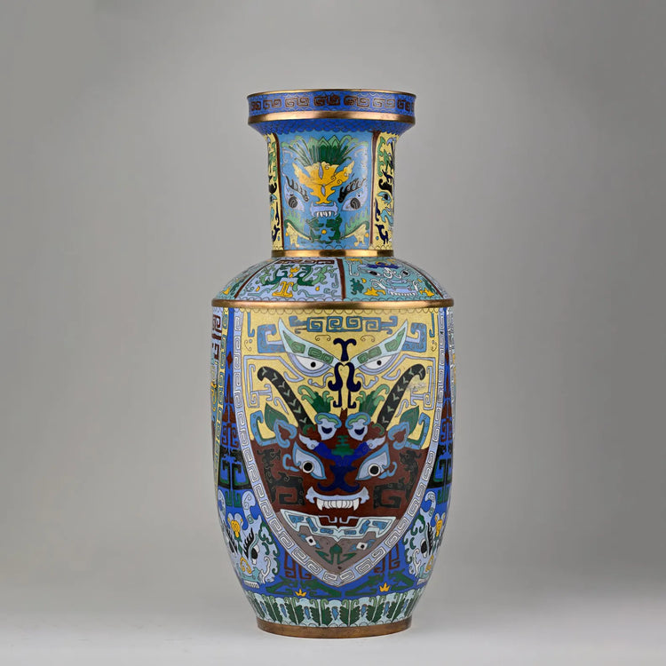 Chinese Cloisonné Rouleau Vase | Taotie Mask Motif in Polychrome Enamel | Qianlong Mark | Vintage Qing Dynasty Revival