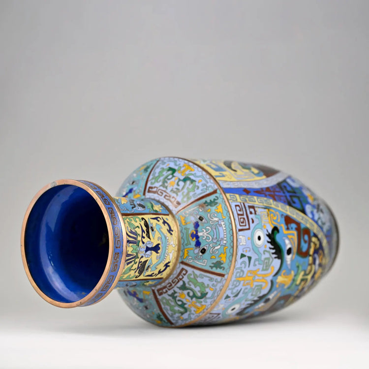Chinese Cloisonné Rouleau Vase | Taotie Mask Motif in Polychrome Enamel | Qianlong Mark | Vintage Qing Dynasty Revival