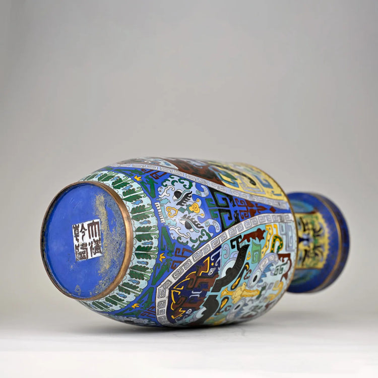 Chinese Cloisonné Rouleau Vase | Taotie Mask Motif in Polychrome Enamel | Qianlong Mark | Vintage Qing Dynasty Revival