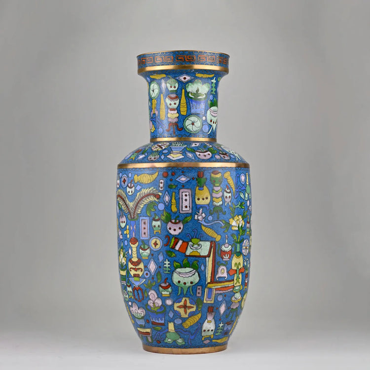 Chinese Cloisonné Rouleau Vase | Polychrome Enamel with Hundred Antiques Motif, Yongzheng Mark, Vintage Qing Revival