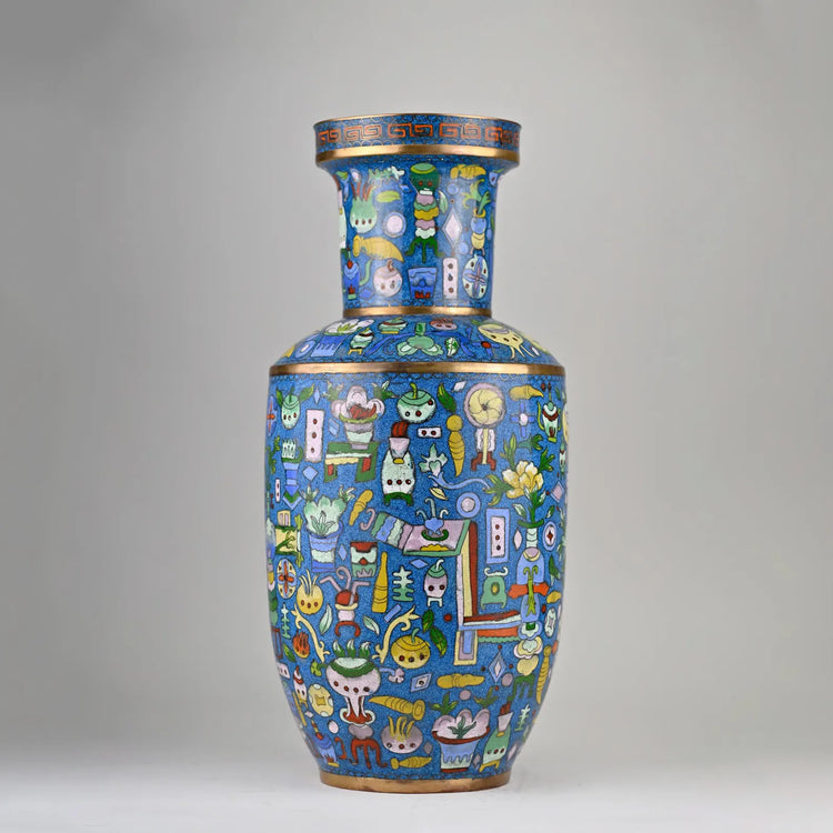 Chinese Cloisonné Rouleau Vase | Polychrome Enamel with Hundred Antiques Motif, Yongzheng Mark, Vintage Qing Revival