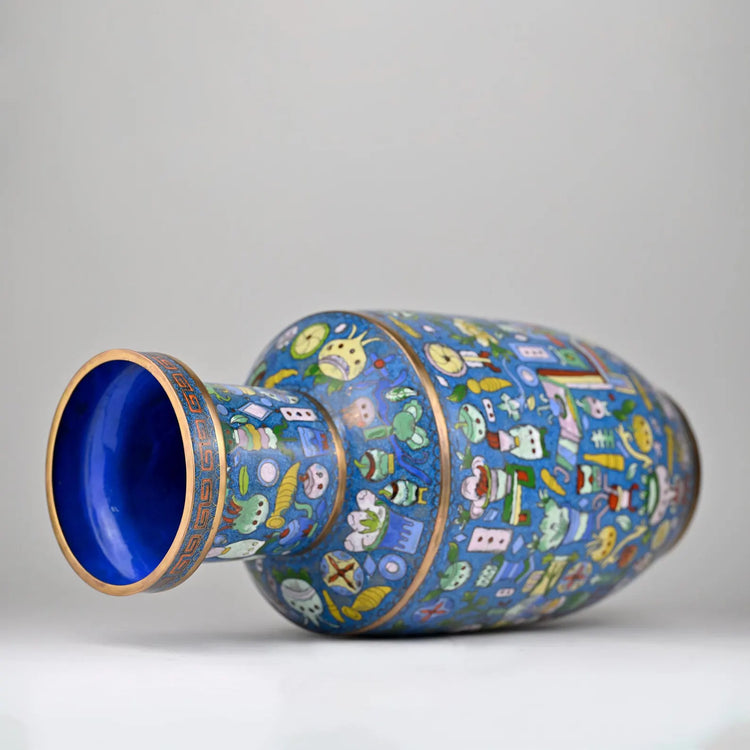 Chinese Cloisonné Rouleau Vase | Polychrome Enamel with Hundred Antiques Motif, Yongzheng Mark, Vintage Qing Revival