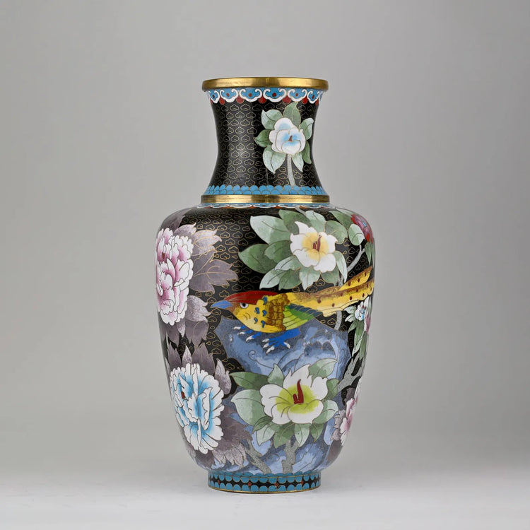 Handmade Black Cloisonné Enamel Vase with Floral and Butterfly Motif | Antique Chinese Vase | 8x15