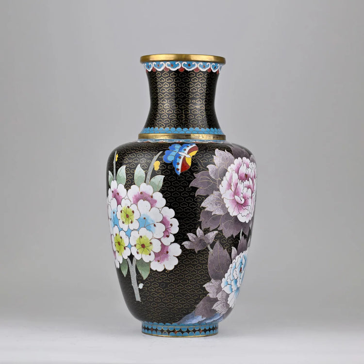 Handmade Black Cloisonné Enamel Vase with Floral and Butterfly Motif | Antique Chinese Vase | 8x15