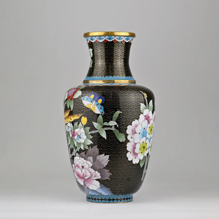 Handmade Black Cloisonné Enamel Vase with Floral and Butterfly Motif | Antique Chinese Vase | 8x15