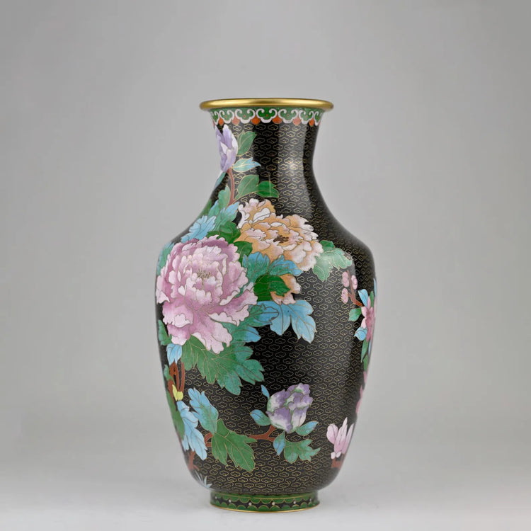 Vintage Chinese Cloisonné Vase | Handcrafted Floral Enamel Art | Black Ground Collectible | 8x8x15”