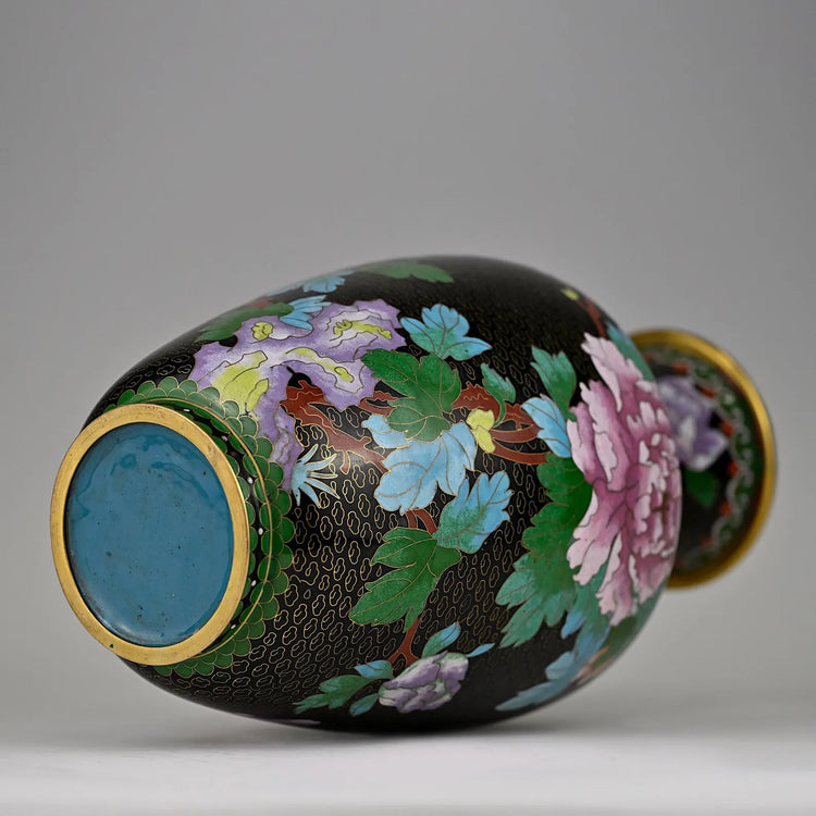 Vintage Chinese Cloisonné Vase | Handcrafted Floral Enamel Art | Black Ground Collectible | 8x8x15”