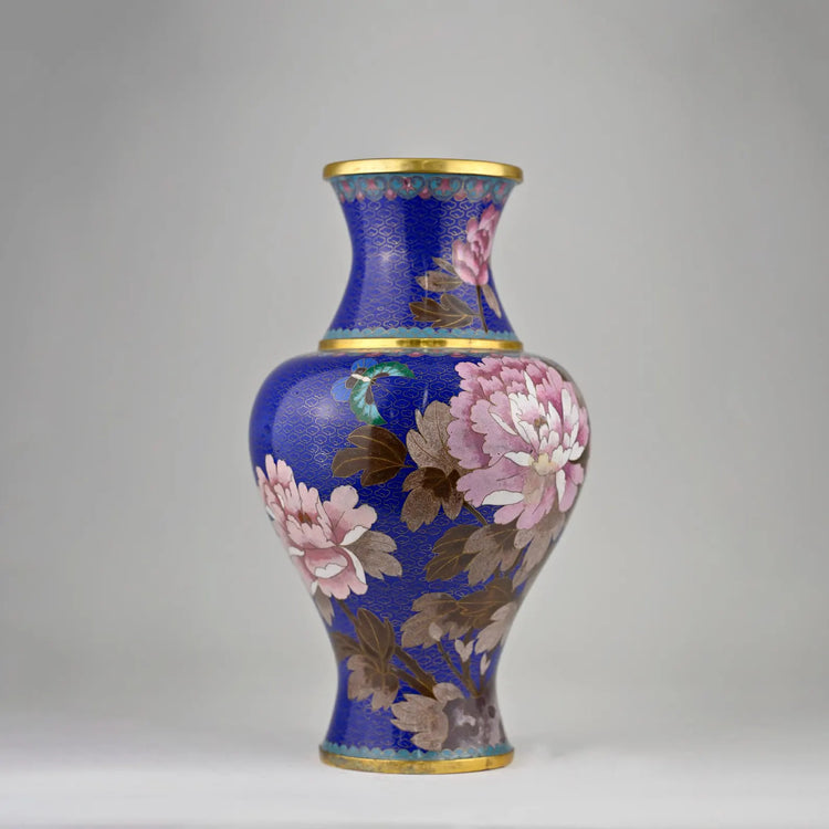Vintage Chinese Cloisonné Vase | Handcrafted 8”x15” Floral Enamel Art | Rare Royal Blue Collector’s Piece