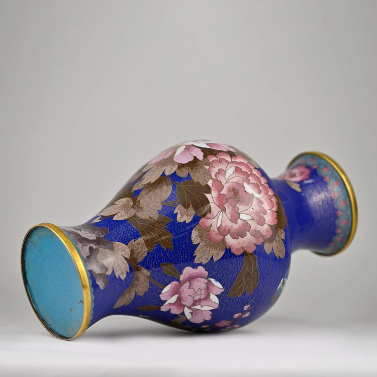 Vintage Chinese Cloisonné Vase | Handcrafted 8”x15” Floral Enamel Art | Rare Royal Blue Collector’s Piece